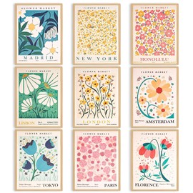 Hyxodjy 9 Piece Flower Market Poster, Stylish Flower Picture Set, Wall Pictures, Vintage Pictures, Wall Decoration, Flowers, Minimalist Wall Decoration for Living Room, Bedroom, Dining Room (20 x 30