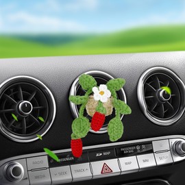 Crocheted Botanical Car Ventilation Clip Decoration, Artificial Plant Car Air Freshener, Cute Car Accessories, Interior Car Decorations, Air Conditioning Vertical Clip (Strawberry + Flower)