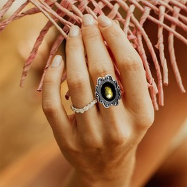 DALEGEM Natural Black Obsidian Stone Vintage Flowers Ring for Women,S925 Sterling Silver Naturally Obsidian Bohemian Statement Gemstone Ring Jewelry (Ring_A, 10)