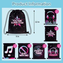 12 Pack Music Party Supplies Favor Drawstring Bags for Kids' Birthday, Boys Girls Music Tiktok Drawstring Backpack Bag as Loot and Goodie bags for Gifts, Treat, Candy, School, Travel or Birthday Party