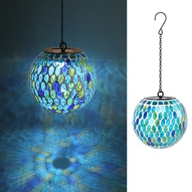 VCUTEKA Hanging Solar Lanterns Mosaic Solar Lights with Hook Up, Outdoor Garden Lights Decor for Yard Tree Fence Patio, Blue