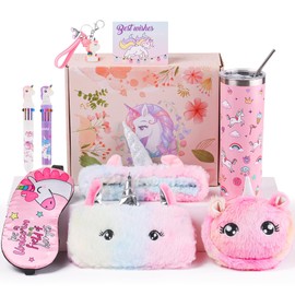 Haclury Unicorn Gifts Set for Girls Kids Toys Christmas Birthday Gift Box for Teen Girl, Little Girl Gift Age 6-8 Basket with Stainless Steel Tumbler/Crossbody Bag/Unicorn Headband
