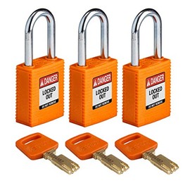 Brady (NYL-ORG-38ST-KA3PK) SafeKey Nylon Lockout Padlock with Steel Shackle 38.00 mm Orange KA - Keyed Alike Locks Pack of 3