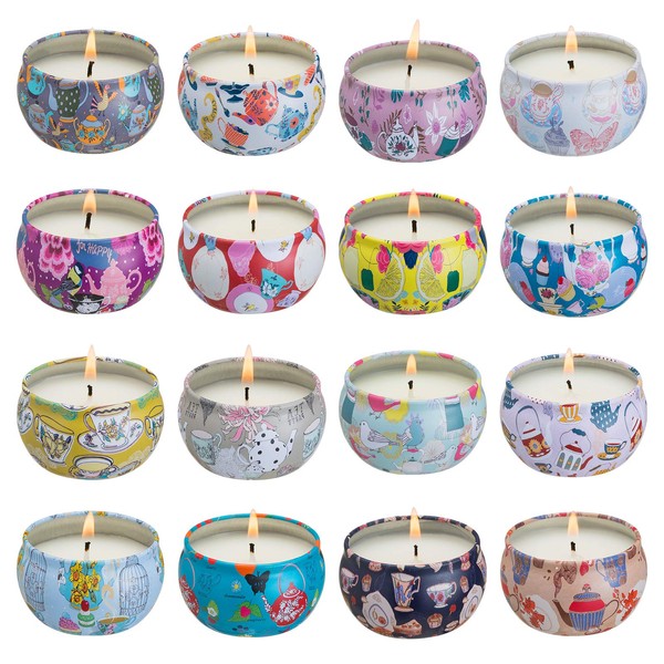 Howemon Scented Candles Gift Set, Natural Soy Wax Portable Travel Tin Candles Women Gift with Strongly Fragrance Essential Oils for Stress Relief and Aromatherapy - 16 Pack