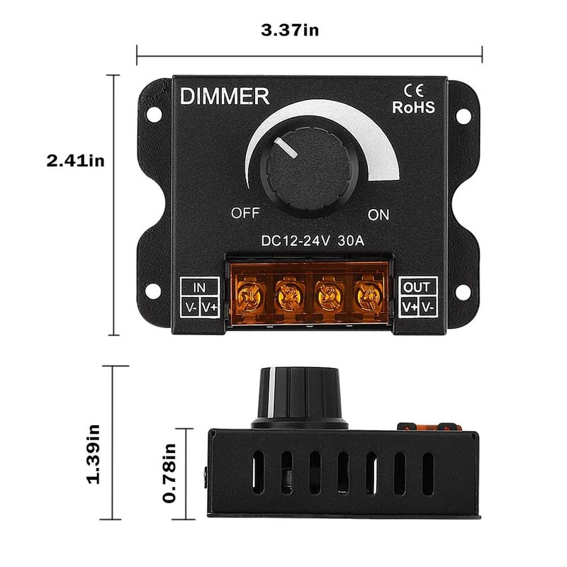 KEYGMA LED Strip Light Dimmer, DC 12-24V 30A PWM Knob