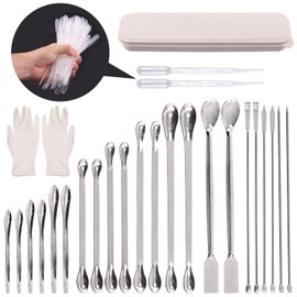 Swpeet 74 espátulas de laboratorio de acero inoxidable con kit de pipetas de transferencia de plástico de 3 ml, herramienta de manipulación de relleno de píldoras, microespátula, cuchara de acero reactiva, cuchara de mezcla larga