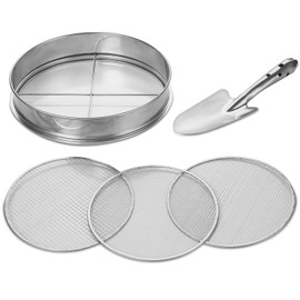 Johgee 3-in-1 Garden Sieve Made of Stainless Steel, Weather-Resistant Sieve, with 3 Interchangeable Sieve Inserts, Diameter 3.6.9 mm + 26 cm Long Hand Spade for Soil, Stones, Compost Sand, etc. 30 cm,