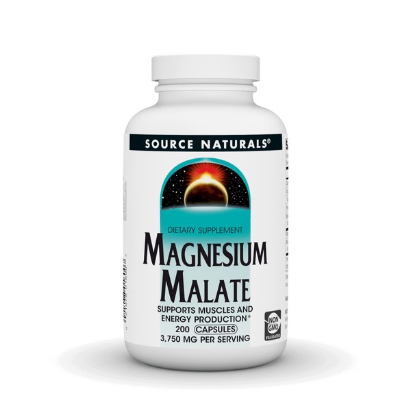Source Naturals Magnesium Malate, Magnesium Malic Acid Supplement, Non GMO, 3750 MG Per Serving - 200 Capsules
