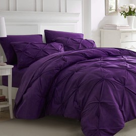 Ubauba 5pc Twin Size Comforter Set with Sheets, Purple Pintuck 5 Piece Bed in a Bag with Comforter, All Season Pinched Bedding Comforters & Sets (Purple,Twin)