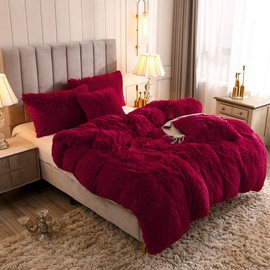 Uhamho Faux Fur Velvet Fluffy Bedding Duvet Cover Set Down Comforter Quilt Cover with Pillow Shams, Ultra Soft Warm (Burgundy, King)