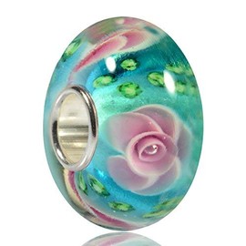 MATERIA by Matthias Wagner Flower Glass Bead Charm Pendant Rose Turquoise Pink Green Flowers for Beads Bracelet 440, Sterling Silver Glass, Turquoise