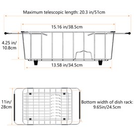 NiuYichee Stainless Steel Dish Drying Rack(15.2"L X 11"W X 5.3"H), Expandable Fruit & Vegetable Drain Rack over Sink, Dish Drainer Rack in Sink, with Stainless Steel Utensil Holder & Silicone Mat(16")