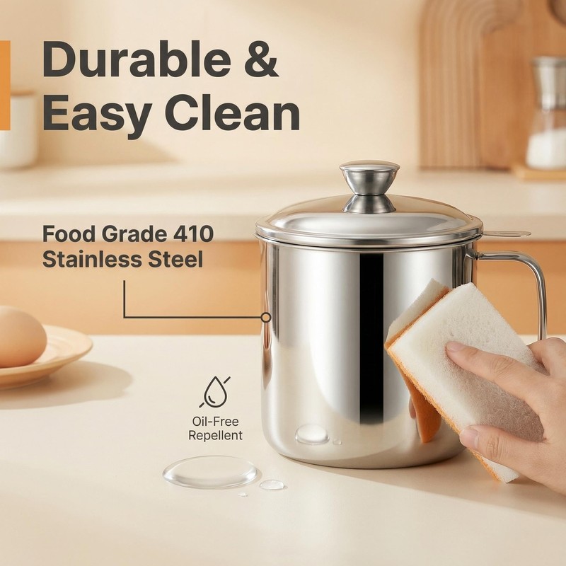 Oil Strainer Pot 34oz Stainless Steel, Bacon Grease Container Saver