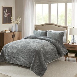 Travan Luxury Velvet Quilt Set King Size, Ultra Soft Velvet Bedding Sets, Lightweight Quilted King Quilt Bedding Set, Oversized Bedspread Coverlet with 2 Shams for All Season, Gray