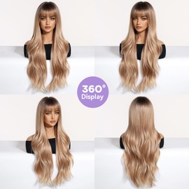 YOUGRACE Ombre Blonde Wig with Bangs Long Wavy Ombre Wigs for Women 26 Inch Curly Blonde Wigs with Dark Root Synthetic Heat Resistant Wigs for Daily Party Use