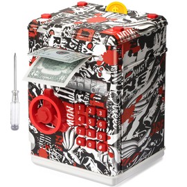 ATM Piggy Bank for Boys Girls, Vcertcpl Mini ATM Coin Bank Money Saving Box with Password, Kids Safe Money Jar for Adults with Auto Grab Bill Slot, Great Gift Toy Bank for Kids