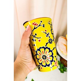 Ebros Oriental Japanese Design Double Walled Porcelain Ceramic Tall Hot Or Cold Drink Travel Mug Cup 12oz With Straw Or Sip Holed Cover Lid (Yellow Floral Cherry Blossoms)