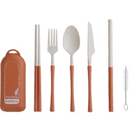 Tragbares Besteckset, Reise- und Campingbesteck, Küchen- und Picknickbesteck, Messer, Gabel, Löffel, Essstäbchen, Strohgeschirr mit Etui und Bürste für Reisen, Camping und Büro (Orange)