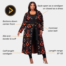 D'IYANU | Aisha Women's African Culture Print Cardigan or Dress | Traditional Ankara Pattern | Natural Mudcloth Kente | Versatile Calf-Length with Contrast Belt | XL