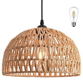 AyshwillDec Hemp Rope Woven Pendant Light Woven Light Fixture Boho Chandelier Light Fixture Wicker Pendant Lights Rattan Lights Pendant Dome Wicker Chandelier for Dining Room Kitchen Island(Bulb Incl.