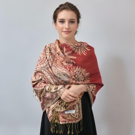 VEXTROFORT Pashmina Scarf Shawl Bohemian Women Wedding Wrap Stole with Fringes Sigle Jacquard (Dark Red)