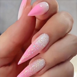 Rchovsam Pink Press on Nails Medium Length Almond Nails Press Ons Glitter Pink Gradient Designs False Nails Acrylic Full Cover Gel Fake Nails Gift for Women 24pcs