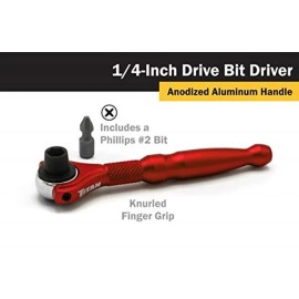 Titan 11321 1/4-Inch Drive x 4-Inch 90-Tooth Swivel Head Micro Bit Driver - Red