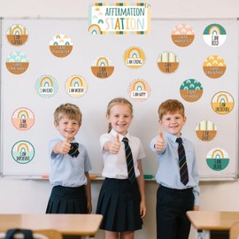 VABAMNA Boho Affirmation Station Bulletin Board Set Positive Boho Classroom Decor for Growth Mindset Bulletin Board Set Affirmation Mirror for Classroom Home Wall Back to School Supply