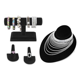 MOOCA 4 Pcs Jewelry Display Set, Necklace Display Bust, T-Bar Bracelet Stand, Ring Holder Stand for Showcase and Store, Black Velvet
