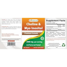 Best Naturals Choline Inositol (Myo Inositol) 2000 mg Per Serving 250 Tablets - Non-GMO, Gluten Free, Made in The USA