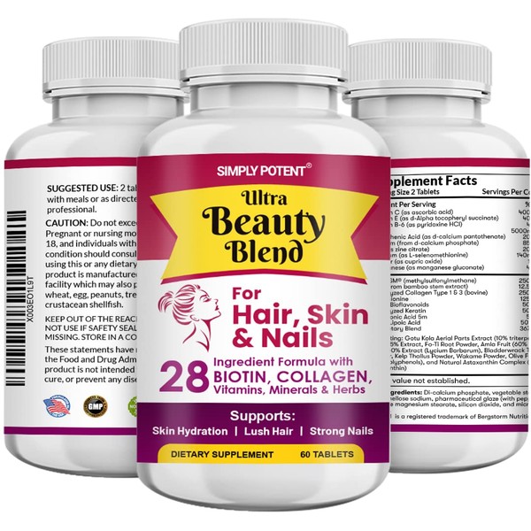 Simply Potent Hair Skin and Nails Vitamins, 28 Ingredient Anti-Aging Natural Supplement, Biotin 5000mcg for Hair & Nails, Keratin & MSM for Hair Growth, Collagen & Hyaluronic Acid for Skin, 60 Tablets