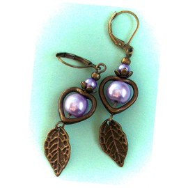 Lavender Glass Pearl Leaf Dangle Earring Bronze Handcrafted Adorable Statement Jewelry Earrings for Women