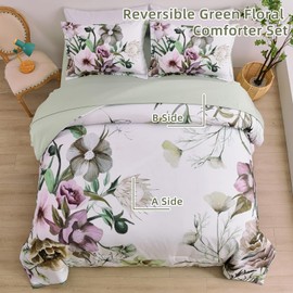 Drucon 3 Piece Floral Comforter Set Queen, Green Floral Printed on White, Soft Microfiber Bedding Set for All Season (1 Comforter, 2 Pillowcases)