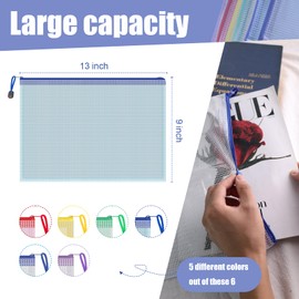 Koogel 5PCS Mesh Zipper Pouch Bags, A4 Zipper File Bags for Organizing Storage, Waterproof Plastic Pencil Pouches, Reusable File Bag for School, Office Classroom Organization Supplies, 5 Colors