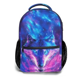 Galaxy Wolf Print College Bookbags Colorful School Backpack for Girls Women, Teens Sky Animal School Bags Bookbags Ladies Laptop Blue and Purple Backpacks Travel Hiking Camping Gym Daypack