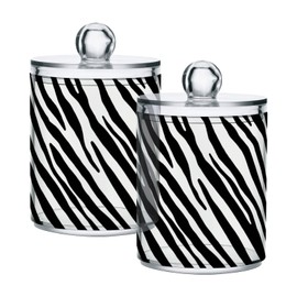 FLildon Zebra Print Black & White Qtip Holder Dispenser, Bathroom Organizer and Storage Containers, 2 Pack Clear Plastic Apothecary Jars with Lids for Cotton Ball, Cotton Swab, Floss