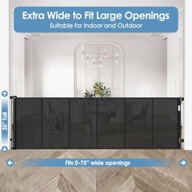 Reinforced 75” Wide Retractable Baby Gates with Support Rods, Retractable Dog Gate for The House Extra Wide Mesh Pet Gate Indoor Outdoor Child Gates for Doorways Stair Gates for Kids or Pets (Black)