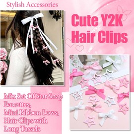 STGDAK 24Pcs Star Hair Clips Hot Pink Bows for Girls Mini Bow Clip Alligator Barrettes Ribbon Bows Long Tail Cute Snap Barrette Star Clip Coquette Y2k Accessories Kawaii Bow Hair Ribbons For Women