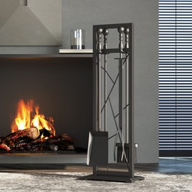 Fire Beauty Fireplace Tools, 5 Pieces Fireside Accessories Fire Kit Set, Stand Woodstove Tools Holder Wrought Iron Handle Indoor Fireset Stand (30.5 Inches)