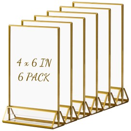 Boxalls Acrylic Sign Holders 4x6 Gold Picture Frame - 6 Pack, Table Number Double Sided Wedding Holder, Vertical Art Decor Photo Stand, Commercial Menu Recipe Restaurant Reserved Display Centerpieces Bulk Frames