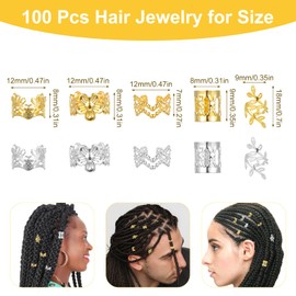 100PCS Gold Silver Hair Jewelry for Braids Dreadlock Non-piercing Ear Clip Beads Cuffs Clip Hair Accessories Styling Fashion Jewelry Gift for Girl Women Men Braids Decoration Party Music Festival