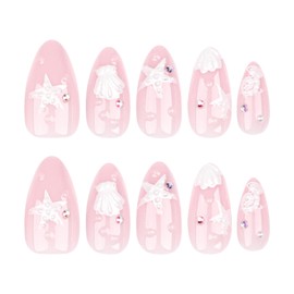 Kaichen Press On Nails - Pink Shell & Starfish Medium Almond Nails | 12 Sizes - 24pcs Nail Kit with Adhesive Tabs