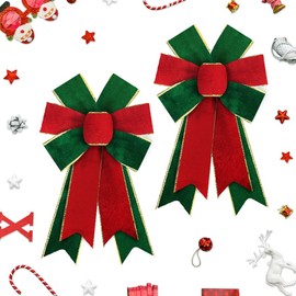 2pcs Christmas Wreath Bows Christmas Bows Green Solid Red Burlap Bows for Wreaths, Christmas Ribbon Bows Tree Topper Bows for New Year Home Indoor Outdoor Decoration Wreath Ornament Supplies