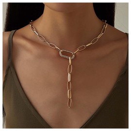 Inilbran Boho CZ Paperclip Y Necklace Vintage Y Lariat Necklace Gold Crystal Paper Clip Pendant Necklace Y Drop Chain Necklace Jewelry for Women and Girls