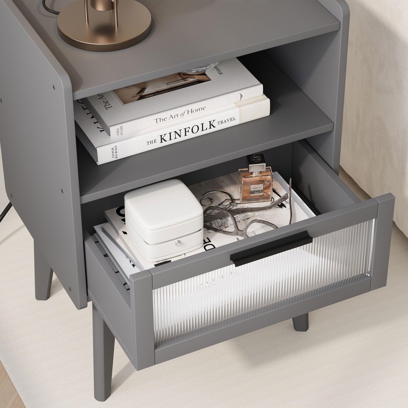 MMEOLUOOK Nightstand with Charging Station, Bedside Tables Grey End Table