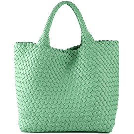 JINMANXUE Woven Tote Bag For Women Vegan Leather Handbags and Purses Large Travel Summer Beach Bag Shoulder Shopper Bags (Bean green)