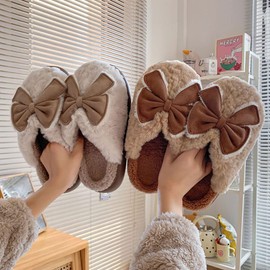 OKILALA Women's Room Shoes, Fluffy, Thick Bottom, Ribbon, Indoor Slippers, Winter, Warm, Anti-Slip, Washable, Stylish, Cute, Warm, purple
