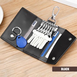 JNNJ Car Compact Key Folder Made of Genuine Leather with Hook, Car Key Organiser Case with Card Holder, Car Multifunctional Key Fob Card Case (Black)