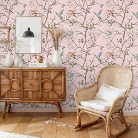 VEELIKE Pink Chinoiserie Floral Wallpaper Peel and Stick Vintage Bird Wallpaper Prepasted Floral Contact Paper for Cabinets Drawers 17.7''x354'' Removable Self Adhesive Wall Paper for Bedroom Bathroom