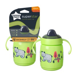 Tommee Tippee Superstar Sippee, Trainer Sippy Cup for Babies with INTELLIVALVE Leak and Shake-Proof Technology and BACSHIELD Antibacterial Technology, 6m+, 300ml, Colours and Designs May Vary